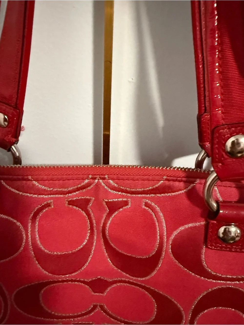 Coach Poppy Red Signature Shoulder Tote with silver tone Hardware!